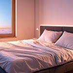 **Prompt 1 (Sleep Biohacking):**
    A serene, futuristic bedroom scene optimized for deep sleep. Smart lighting gently simulates a sunrise, casting soft, warm hues on a person waking up looking genuinely refreshed and vibrant. A minimalist, smart bed or sleep tracker is subtly visible, indicating data-driven sleep optimization. The room temperature feels perfectly cool (18-20°C). High detail, photorealistic.